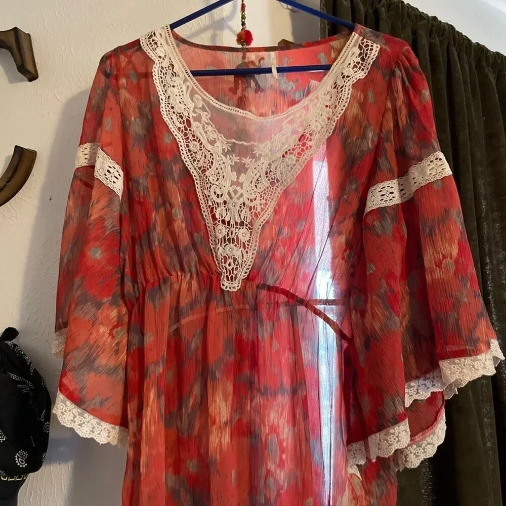Free People vintage floral blouse red L